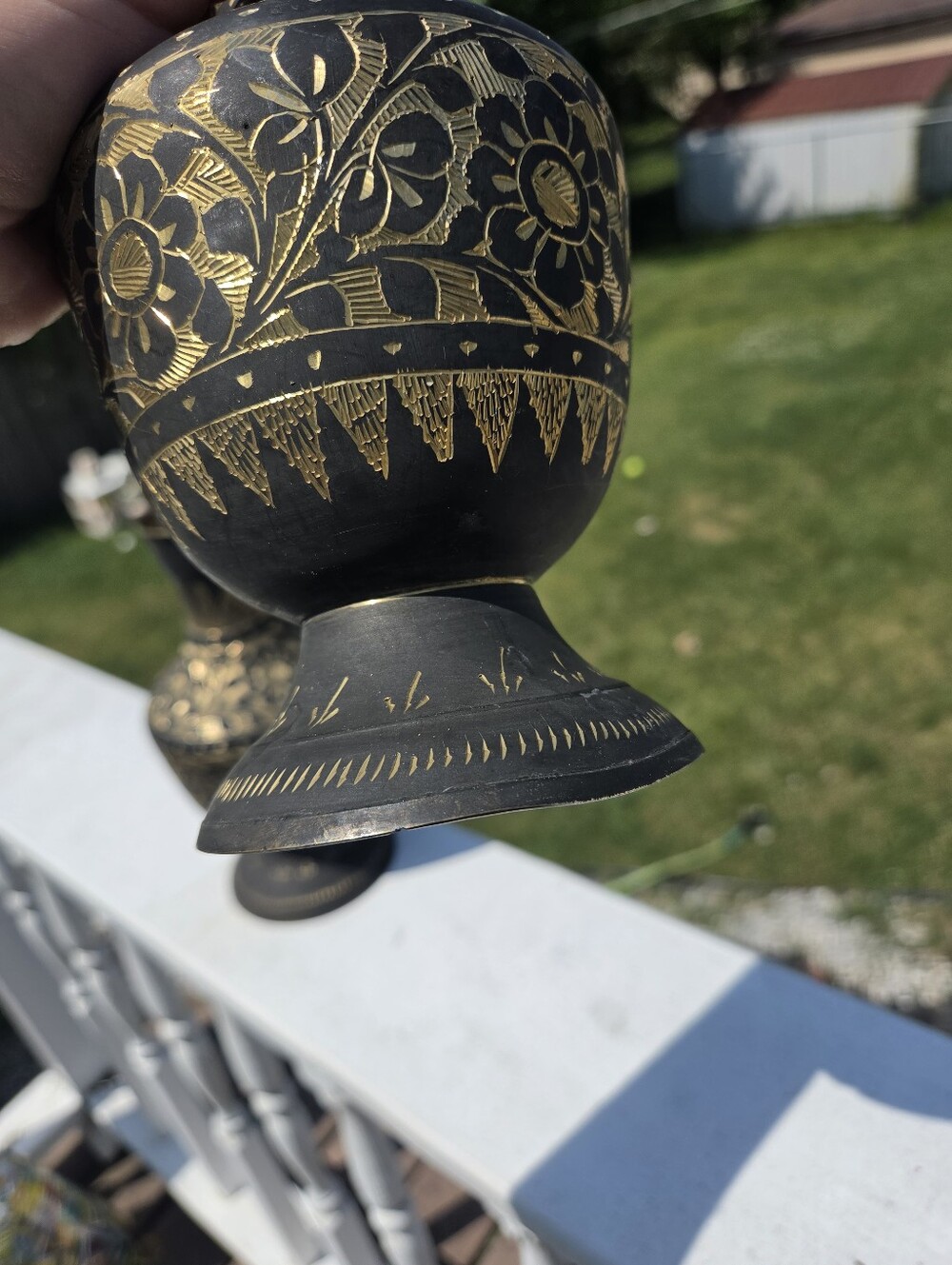 Vintage MCM Indian Brass Etched Floral Vases, Black & Gold Enamel Set of 2 - Picture 7 of 8